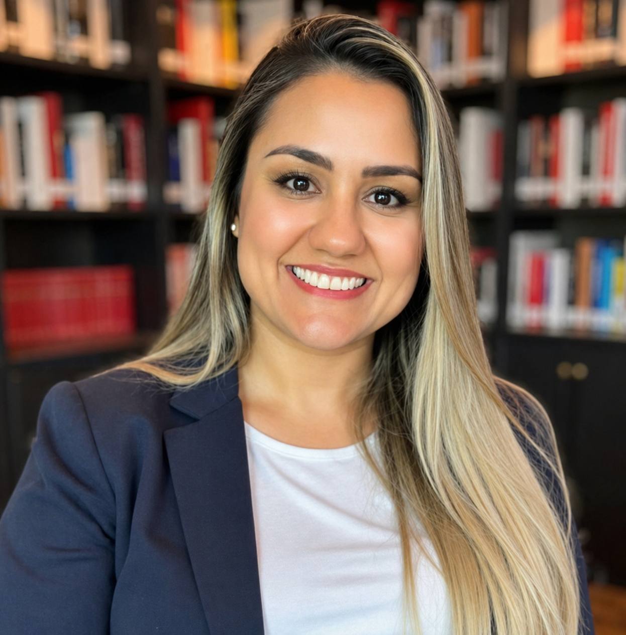 Rafaela Camilo Rodrigues em seu escritório, em frente a estante de livros
